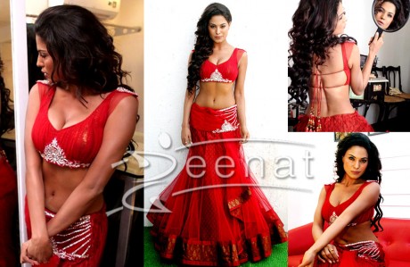 Veena Malik Designer Red Lehenga Choli