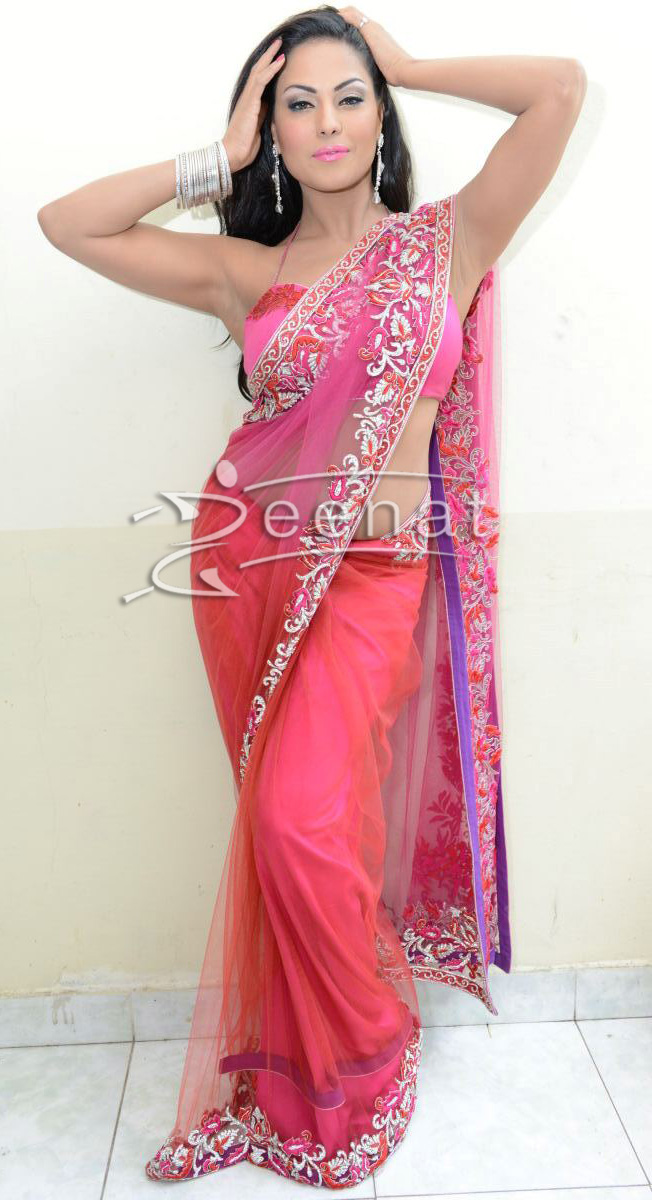 Veena Malik Sizzling Hot Pink Net Embroidered Saree